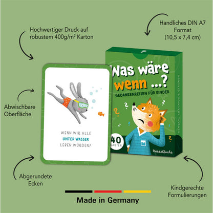 Detailansicht der Kartenbox und einer Beispielkarte mit Illustration eines Tieres unter Wasser, Hinweisen zu robustem Karton, abwischbarer Oberfläche, abgerundeten Ecken und DIN-A7-Format