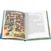 Buchseite Innenseite mit Illustration von Waschbär und anderen Tieren in einem Laden voller Schuhe.