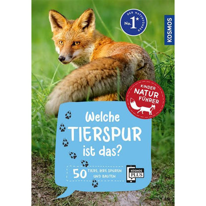 Buchcover mit Foto eines Fuchses auf einer Wiese, Titel „Welche Tierspur ist das? 50 Tiere, ihre Spuren und Bauten“.