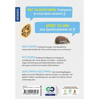 Rückseite des Buches mit Textbeschreibung und Bildern von einer Pfote und einem Igel auf weißem Hintergrund.