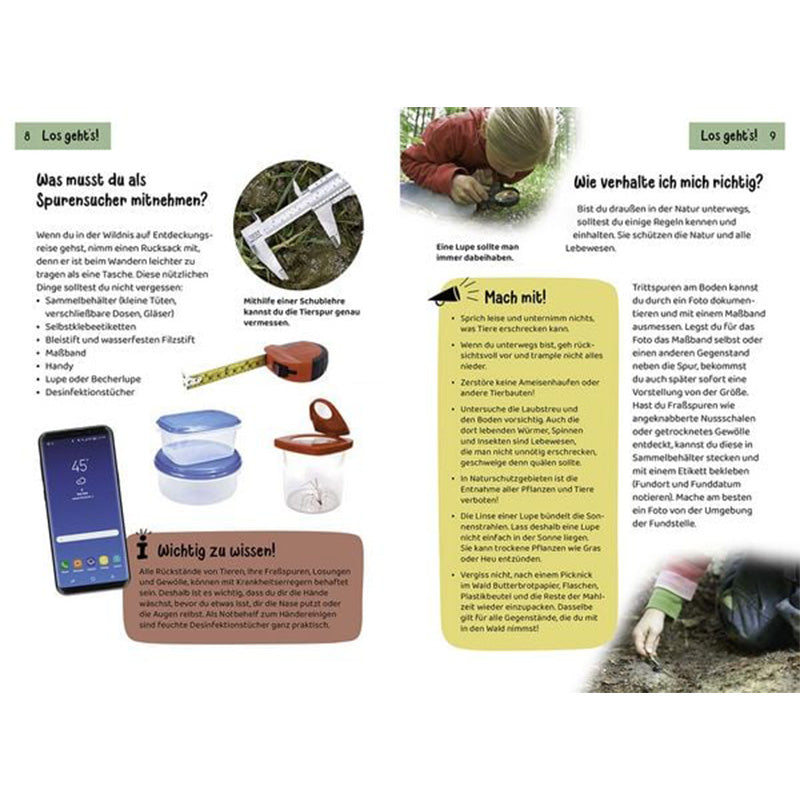 Innenseite des Buches mit Infos zur Ausrüstung für Spurensucher, Bildern von Lupe, Handy, Dosen und Messband sowie einem Kind beim Forschen.