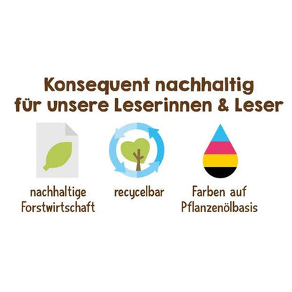 Grafik mit Icons zu nachhaltiger Forstwirtschaft, recycelbar und Farben auf Pflanzenölbasis.