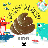 Spielschachtel des Memo-Spiels „Wem gehört der Haufen?“ mit bunter Illustration: Ein großer Haufen in der Mitte, umgeben von einem Fuchs, einem Hund, einem Elefanten, einer Fliege und weiteren Tieren auf gelbem Hintergrund.