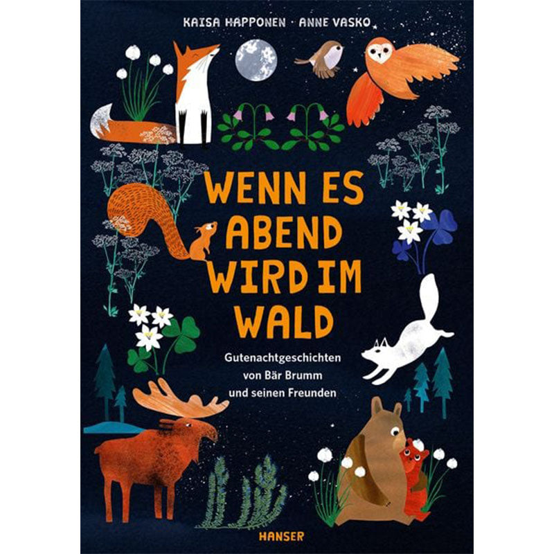 Buchcover – Waldtiere bei Nacht mit Mond und Sternen.
