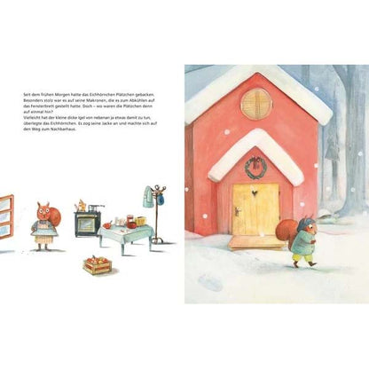 Inhaltsseite aus dem Buch &quot;Wer hat Weihnachten geklaut&quot; mit winterlichem Häuschen