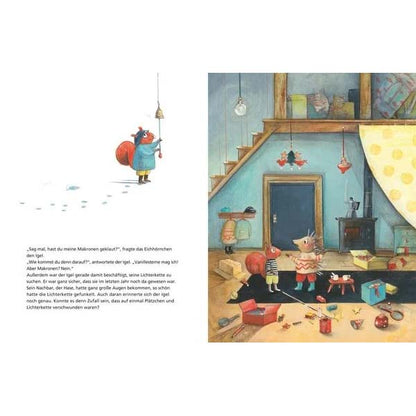 Inhaltsseite aus dem Buch &quot;Wer hat Weihnachten geklaut&quot; Mit Eichhörnchen und Igel in einem Häuschen