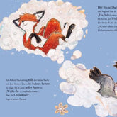 Illustration von Fuchs und Dachs, die gemeinsam im Schnee toben, mit Text über ihre Unterhaltung zum Christkind.