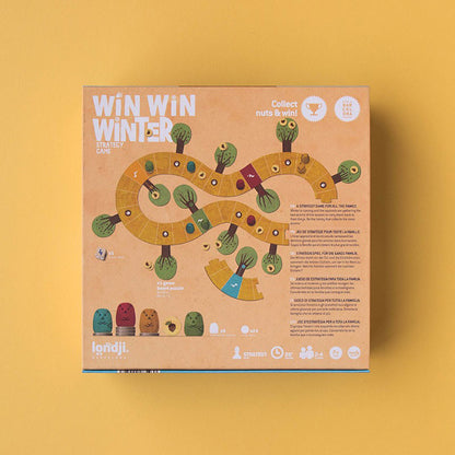 Rückseite der Spielschachtel „Win Win Winter“ mit Darstellung des Spielplans und Beschreibung in mehreren Sprachen.