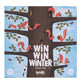 Nahaufnahme der Vorderseite der Spielschachtel „Win Win Winter“ mit großem Baum und Eichhörnchen.