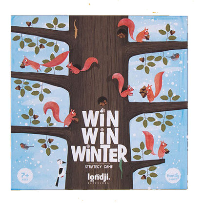 Nahaufnahme der Vorderseite der Spielschachtel „Win Win Winter“ mit großem Baum und Eichhörnchen.
