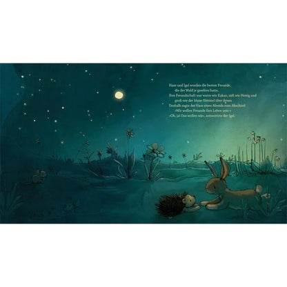 Buchseite: Hase und Igel liegen nachts im Gras und schauen in den Sternenhimmel, Mond leuchtet über einer Wiese.