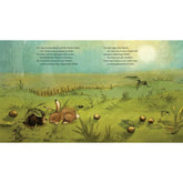 Buchseite: Igel zeigt dem Hasen, wie er sich zu einer Kugel rollt, Kastanien liegen auf der Wiese und Blätter fallen.