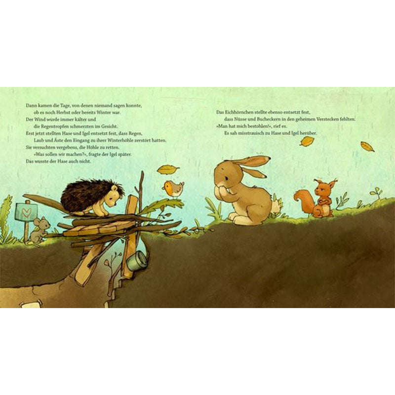 Illustration mit Igel auf Holzkonstruktion und Hase sowie Waldtieren im Hintergrund.