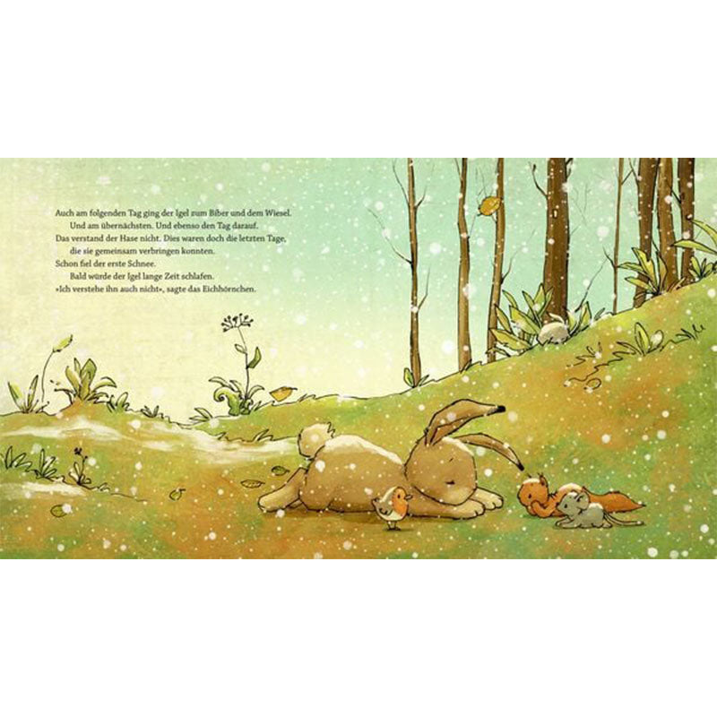 Illustration mit Hase, Eichhörnchen und Vögeln liegend im verschneiten Wald
