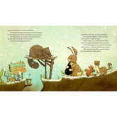 Illustration mit Biber, Hase, Igel und Waldtieren beim Bau eines Winterunterschlupfs im Schnee.