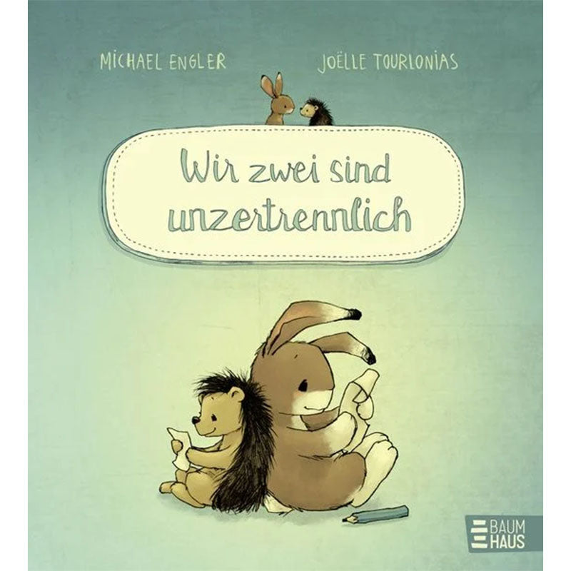 Kinderbuchcover Wir zwei sind unzertrennlich mit Hase und Igel, die nebeneinander zeichnen.