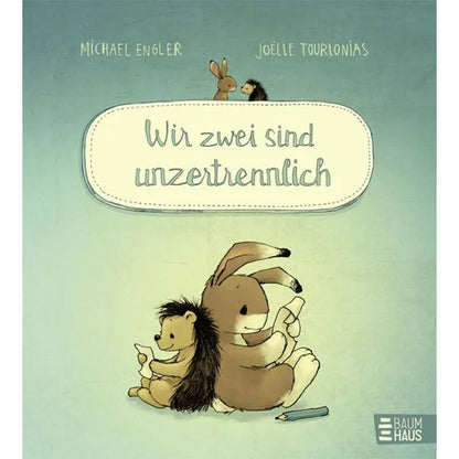 Kinderbuchcover Wir zwei sind unzertrennlich mit Hase und Igel, die nebeneinander zeichnen.