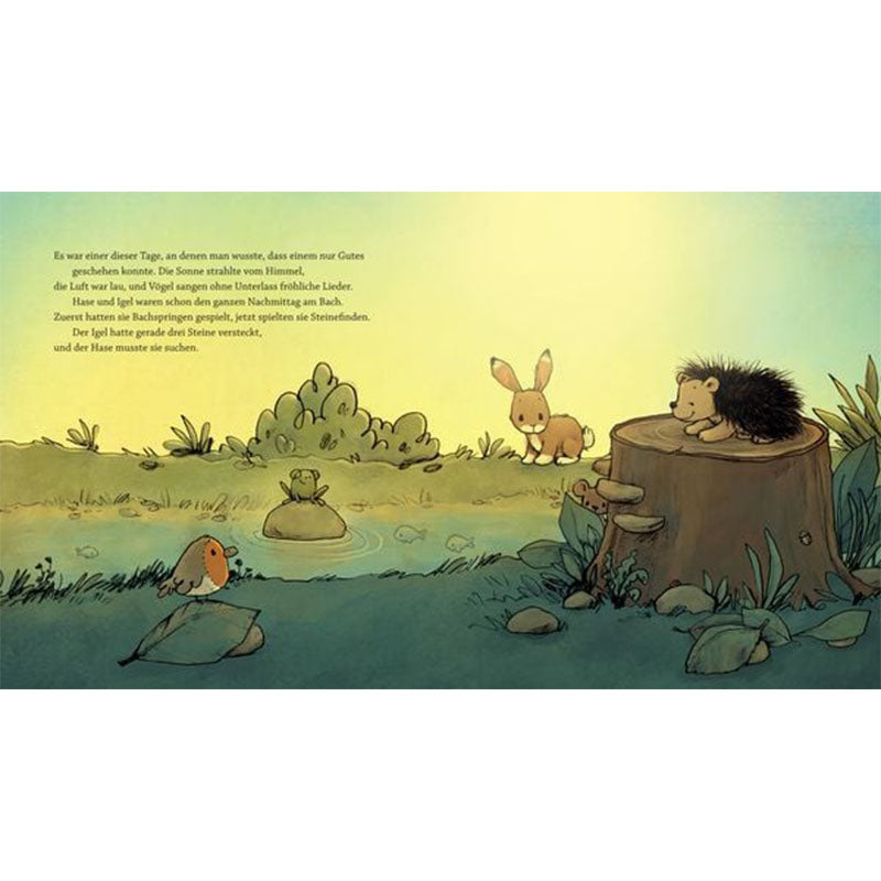 Illustration: Igel liegt auf einem Baumstumpf am Bach, Hase steht daneben, Vögel und Natur im Hintergrund.