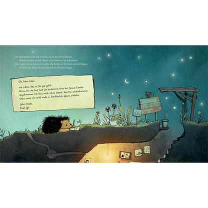 Illustration: Igel schreibt einen Brief in seiner Höhle, Nachtlandschaft mit Sternenhimmel.