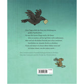 Buchrückseite Wir zwei sind unzertrennlich mit Krähe, die einen Brief trägt, und kurzem Klappentext.