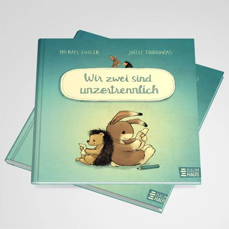 Zwei gestapelte Bücher Wir zwei sind unzertrennlich mit Titelmotiv von Hase und Igel.
