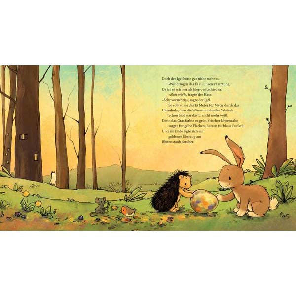 Innenseite aus dem Buch &quot;Wir zwei und das Ei&quot; mit süßer Illustration und kleiner Geschichte von Hase und Igel