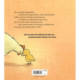 Rückseite des Buches "Wir zwei und das Ei" mit Illustration von Huhn und Kücken