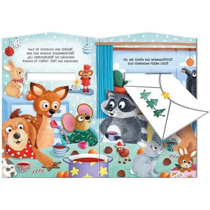 Inhaltsseite aus dem Buch &quot;Wirf den Wunschzettel&quot; mit Waldtieren am Tisch
