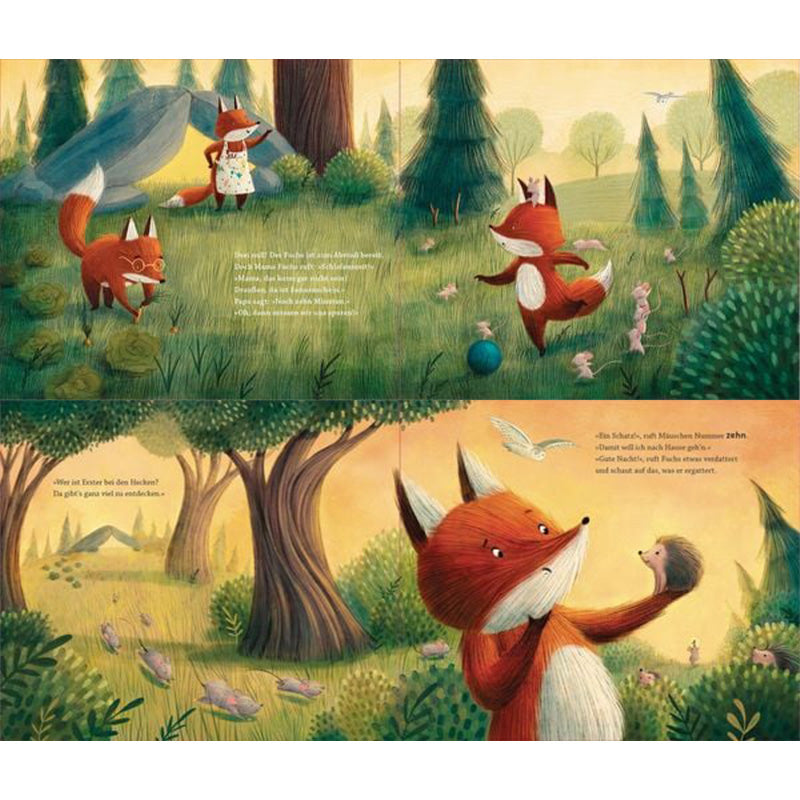 Buchseite zeigt zwei junge Füchse im Wald, sie spielen auf einer Wiese mit einem Ball.