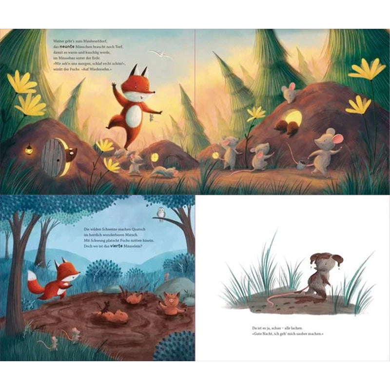 Buchseite zeigt Fuchs mit Mäusen bei einer Schlammstelle und ein einzelnes kleines Tier rechts. Buchseite zeigt Fuchs im Mäusedorf zwischen Hügeln und Mäusehäusern.