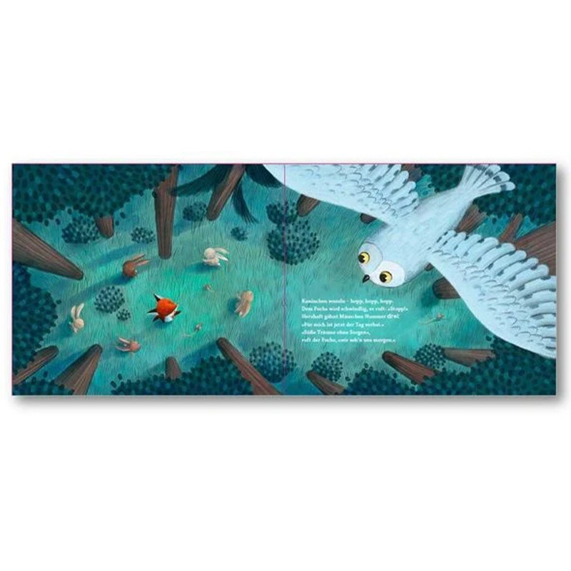 Buchseite zeigt Fuchs und kleine Tiere im Wald aus der Vogelperspektive, darüber fliegt eine Eule.