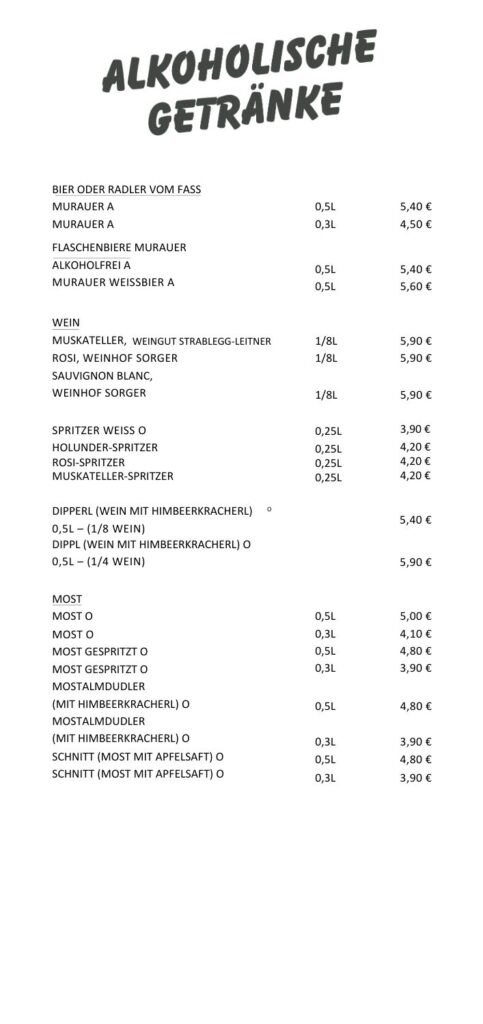 Speisekarte Waldpark alkoholische Getraenke